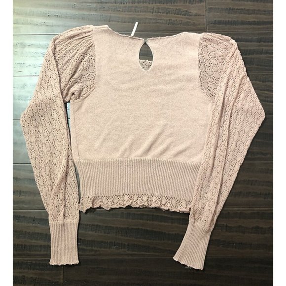 Free People Crochet Sleeve Sweater S Small Pink Mauve Open Knit Fitted Preppy - Picture 5 of 10